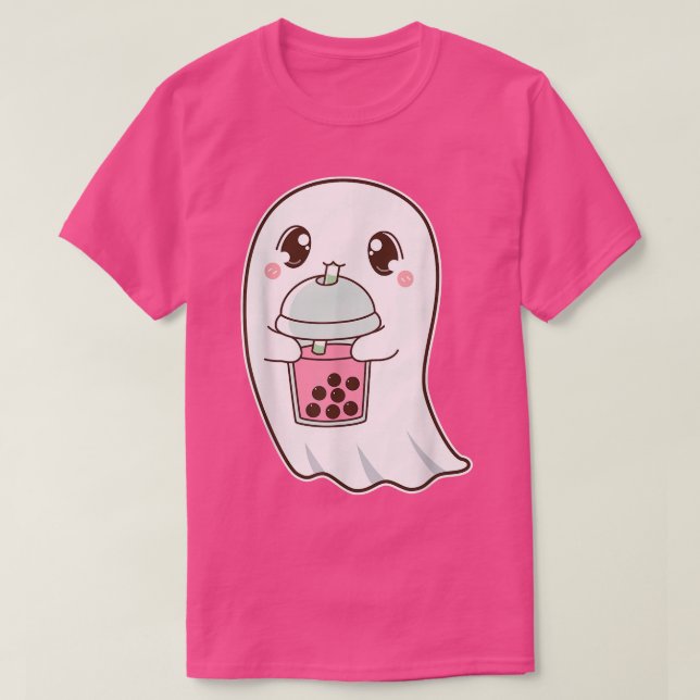 Camiseta Halloween Cute Boba Ghost Strawberry Bubble Pearl (Frente do Design)