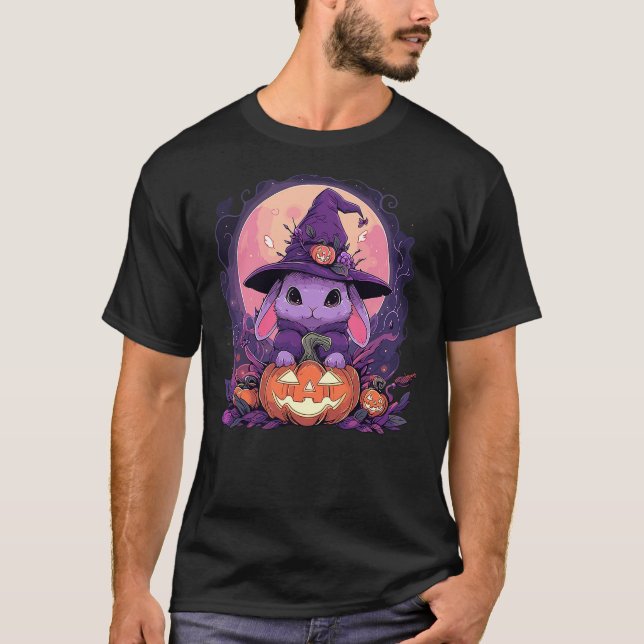 Camiseta Halloween Cute Bunny Rabbit Witch Hat Jack o Lante (Frente)