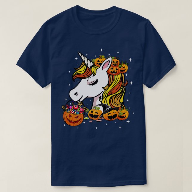 Camiseta Halloween Cute Candy Corn Unicorn Halloween Pumpki (Frente do Design)