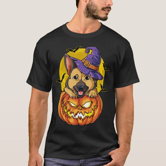 Camiseta Halloween da bruxa german shepherd (Frente)