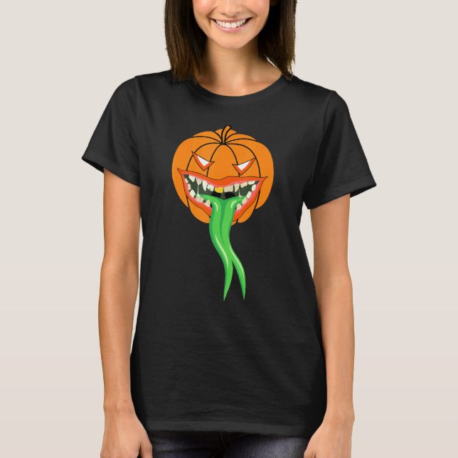 Camiseta Halloween da língua verde monstro da abóbora (Frente)