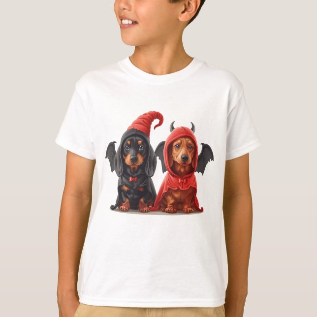 Camiseta Halloween Dachshund Dogs Devil Bat (Frente)