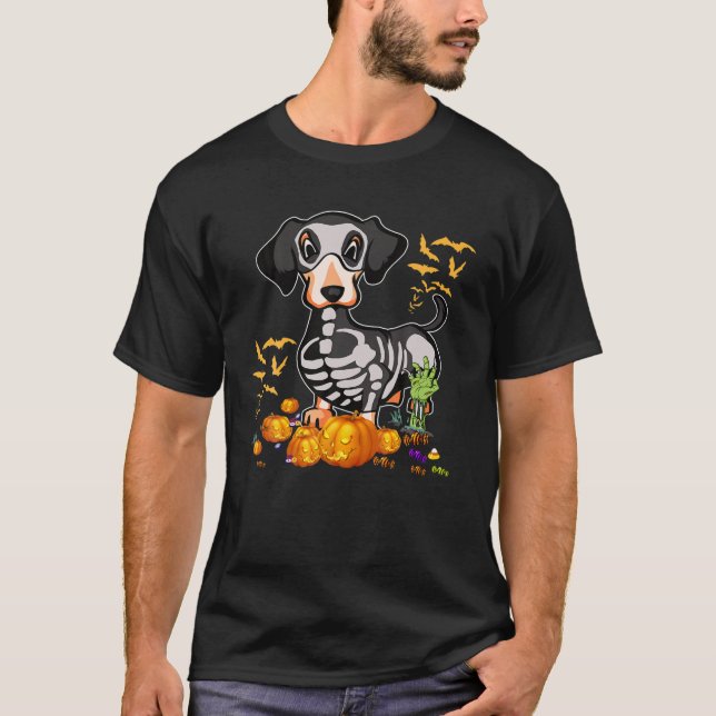 Camiseta Halloween Dachshund Skeleton (Frente)