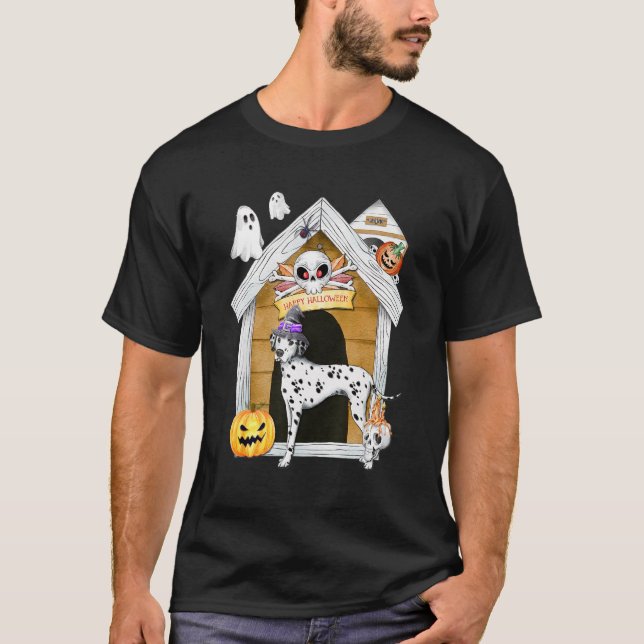 Camiseta Halloween Dalmatian Dog Witch Haunted House (Frente)