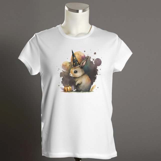 Camiseta Halloween do Coelho Coelho da Aquarela (Halloween Bunny with a witch hat)