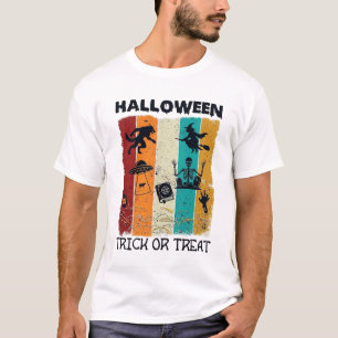 Camiseta Halloween Doces ou Travessuras Lobisomem Bruxa Esq