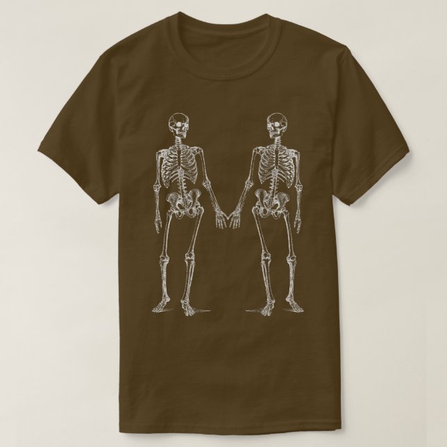 Camiseta Halloween, Dois Skeletons Segurando Mãos  (Frente do Design)