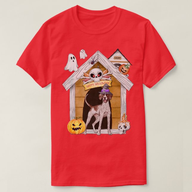 Camiseta Halloween English Pointer Dog Witch Haunted House (Frente do Design)