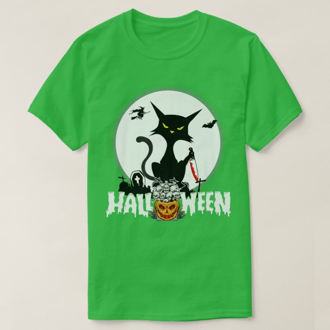 Camiseta Halloween Engraçado Gato Assustador Pumpkin Noite  (Frente do Design)