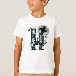 Camiseta Halloween fantasmas fazem rabisca com letra H t-sh