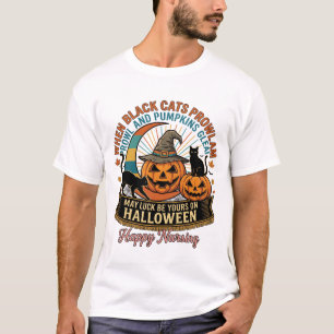 Camiseta Halloween Feliz Enfermagem Gatos Pretos Abóboras B