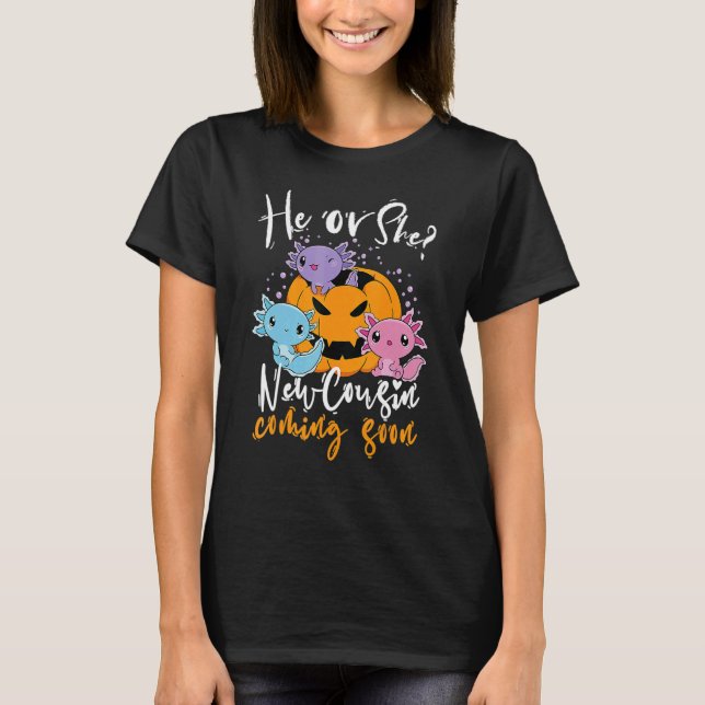 Camiseta Halloween Gender Reveal He Or She Cousin Coming Bo (Frente)