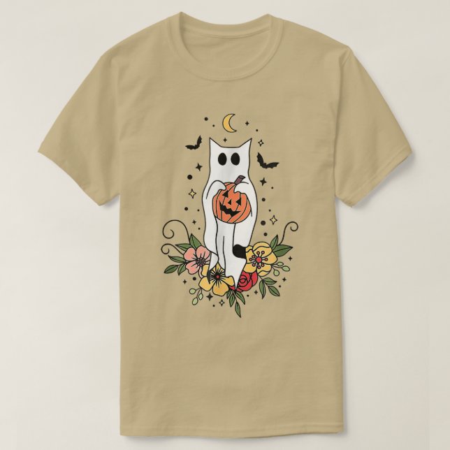 Camiseta Halloween Ghost Cat Assustador Pumpkin Floral Cat  (Frente do Design)