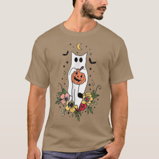 Camiseta Halloween Ghost Cat Assustador Pumpkin Floral Cat 