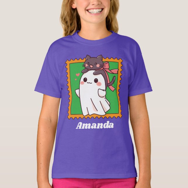 Camiseta Halloween Ghost Cute Black Cat in Bow Custom Kids (Frente)