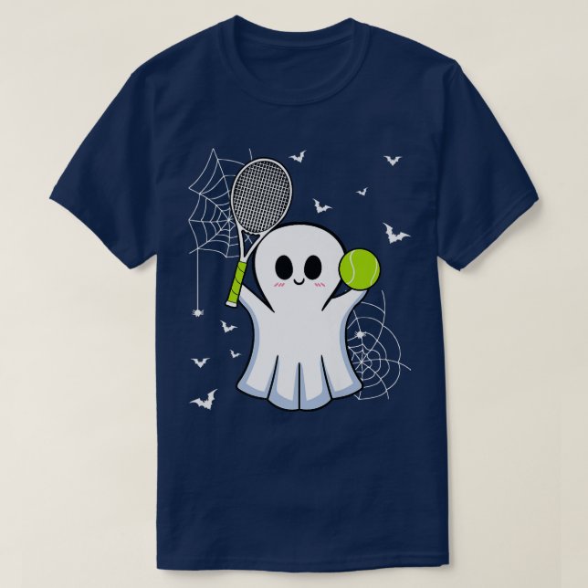 Camiseta Halloween Ghost Jogando O Jogo De Bola De Tênis Ra (Frente do Design)