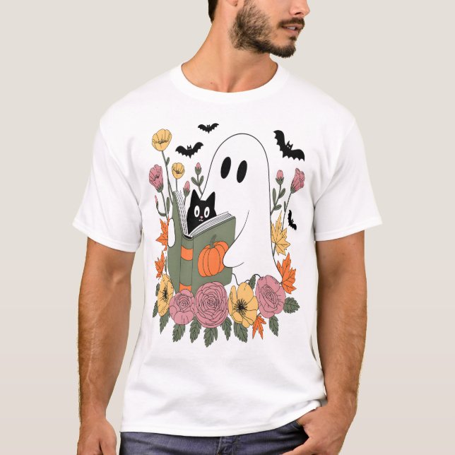 Camiseta Halloween Ghost Reading Book Cat (Frente)