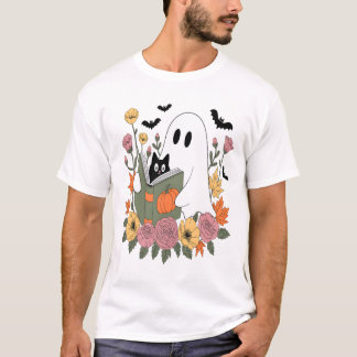 Camiseta Halloween Ghost Reading Book Cat