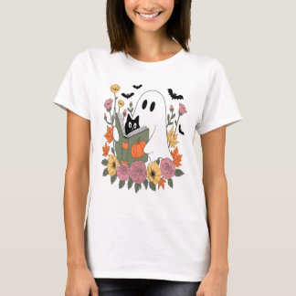 Camiseta Halloween Ghost Reading Book Cat
