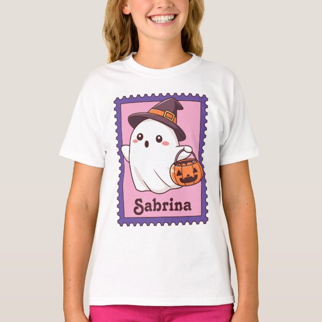 Camiseta Halloween Ghost Witch Custom Name Stamp (Frente)
