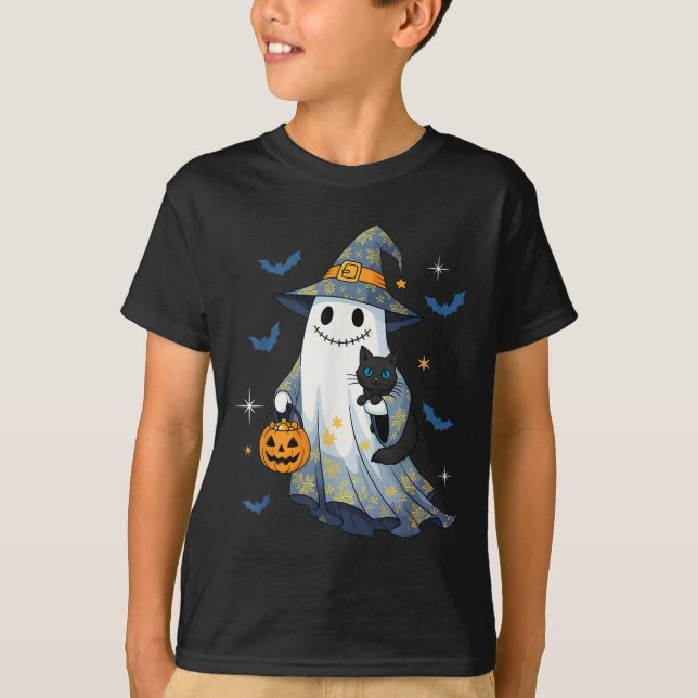 Camiseta Halloween Ghost Witch Holding Black Cat Funny Hall (Frente)