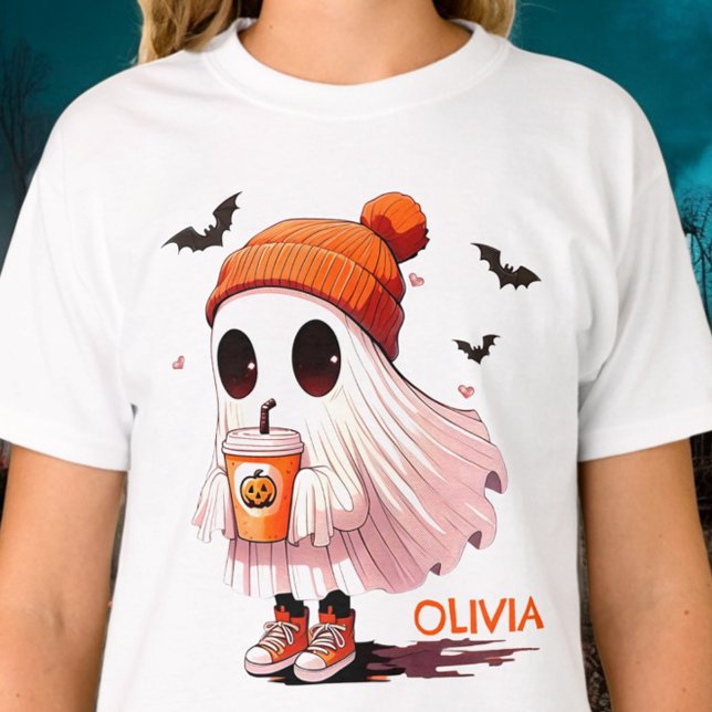Camiseta Halloween Ghost WIth Hat Drink Bats Cute Fall (Criador carregado)