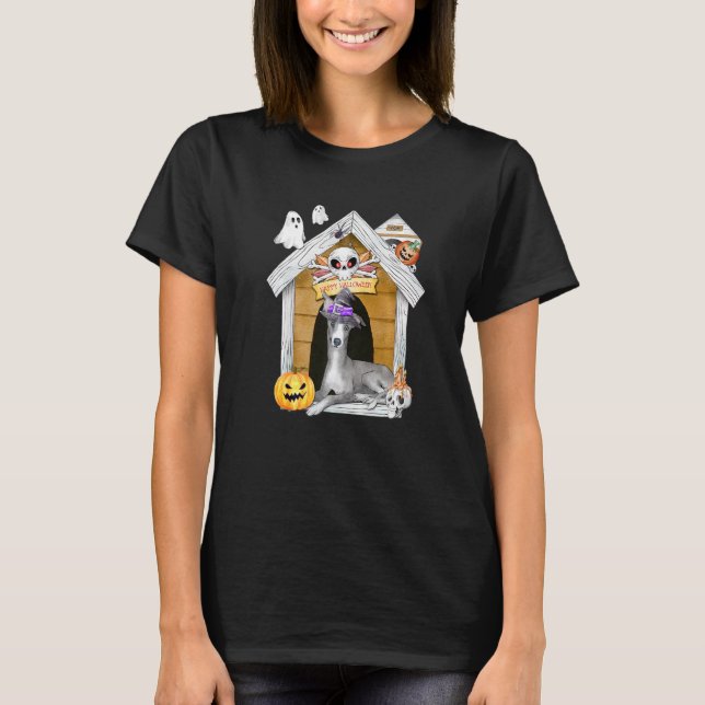 Camiseta Halloween Greyhound Dog Witch Haunted House (Frente)