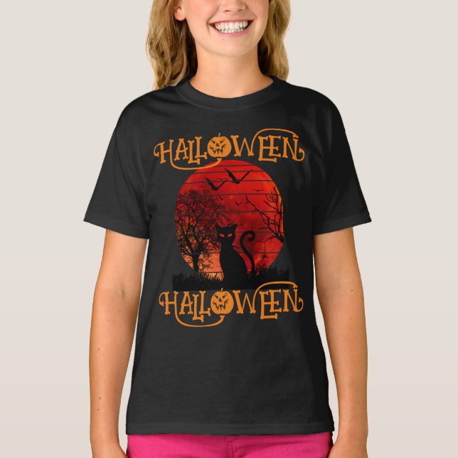 CAMISETA HALLOWEEN HALLOWEEN GATO PRETO MORCEGOS ASSUSTADOR (Frente)