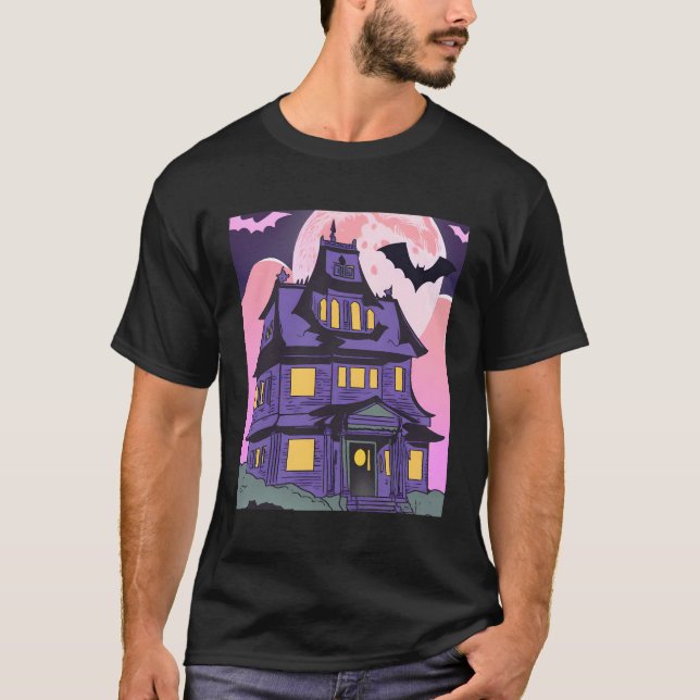 Camiseta Halloween Hauneen House Bats Moon Emo Gótico (Frente)