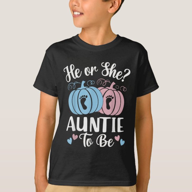 Camiseta Halloween He Or She Auntie To Be Pumpkin Gender Re (Frente)