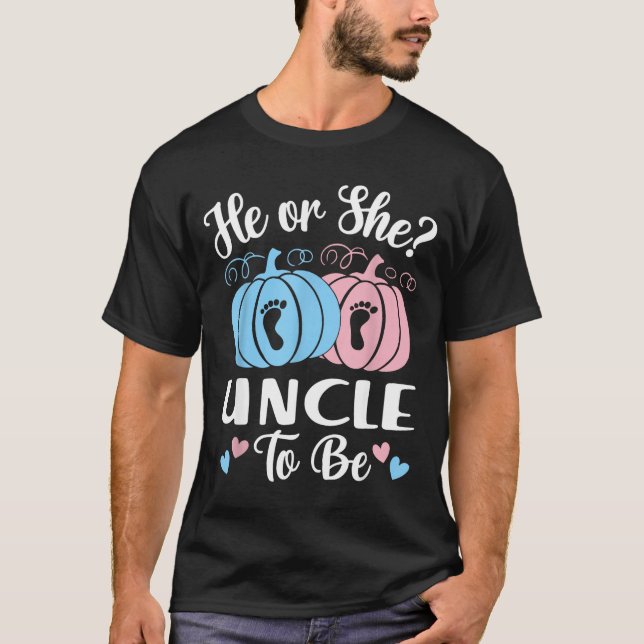 Camiseta Halloween He Or She Uncle To Be Pumpkin Gender Rev (Frente)