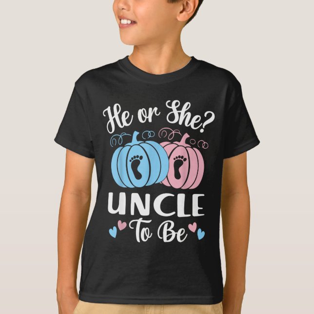 Camiseta Halloween He Or She Uncle To Be Pumpkin Gender Rev (Frente)