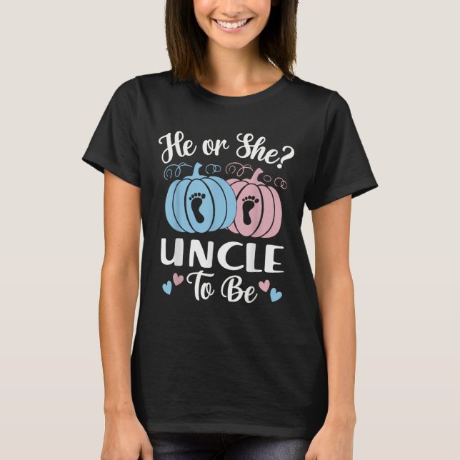 Camiseta Halloween He Or She Uncle To Be Pumpkin Gender Rev (Frente)