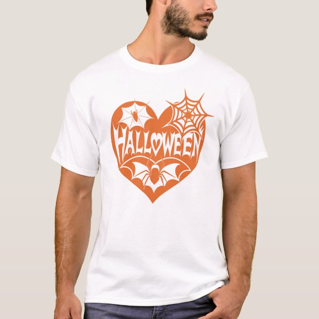 Camiseta Halloween Heart, Orange Heart Shape, Spider Web (Frente)