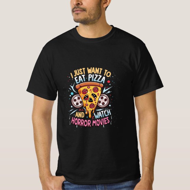 Camiseta Halloween Humoroso dizendo pizza e filmes de terro (Frente)