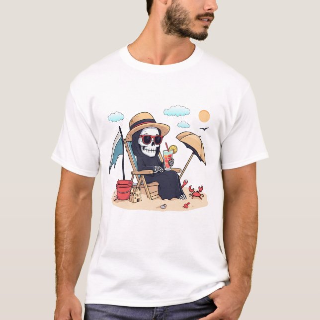 Camiseta Halloween in Summer – Grim Reaper on the Beach (Frente)