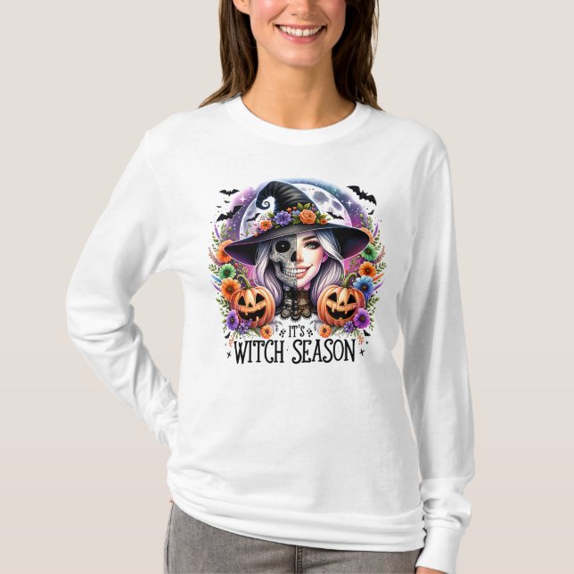Camiseta Halloween-"It's Witch Season" - L/S T-Shirt White (Frente)
