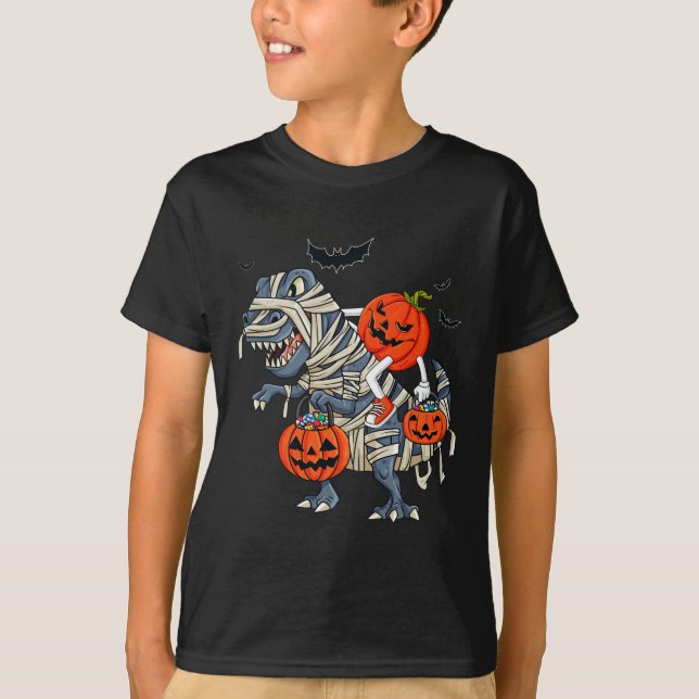 Camiseta Halloween Jack O Lantern Riding T Rex Boys Girls K (Frente)