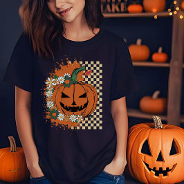 Camiseta Halloween Jack-o-Lanterna com Verificadores e Flor