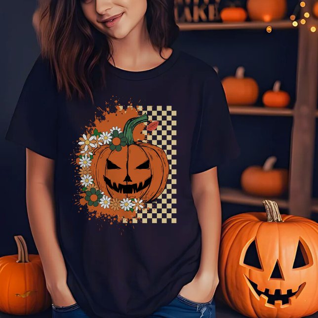 Camiseta Halloween Jack-o-Lanterna com Verificadores e Flor (Criador carregado)