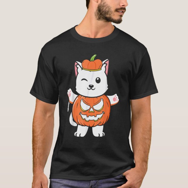 Camiseta Halloween Jack O Lanterna Pumpkin Cat Girls Mulher (Frente)