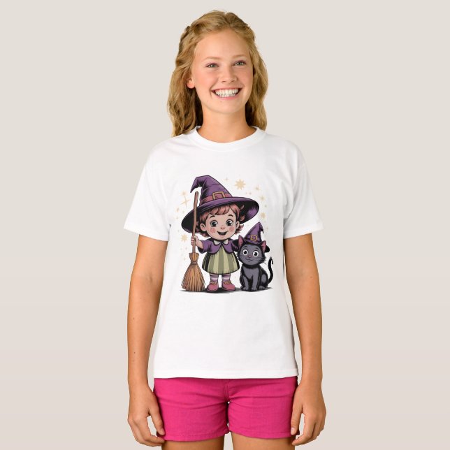 Camiseta Halloween Kids Witch Girl Cat T-Shirt (Frente Completa)