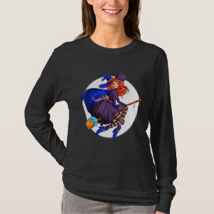 Camiseta Halloween Linda Mulher Ruiva De Bruxa Em Voando