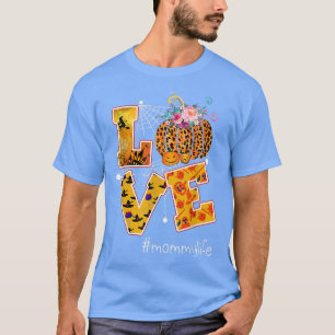 Camiseta Halloween Love Mamãe Pumpkin Leopard Floral Costum