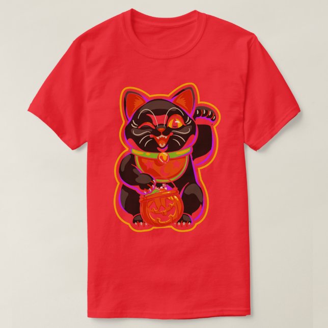 Camiseta Halloween Lucky Black Cat Maneki Neko (Frente do Design)