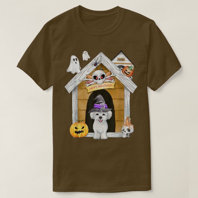 Camiseta Halloween Maltese Dog Witch Haunted House403 (Frente do Design)