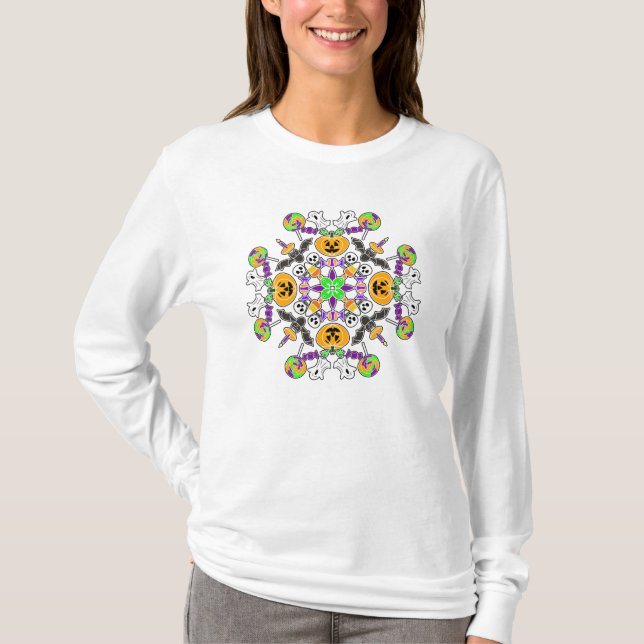 Camiseta Halloween Mandala Ghosts, Pumpkins, Morcegos e Crâ (Frente)