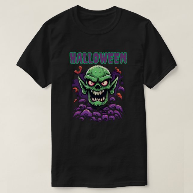 Camiseta Halloween Menacing Green Goblinoid Monster Head (Frente do Design)