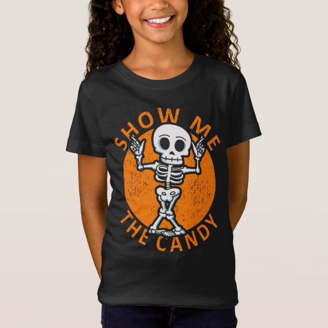 Camiseta Halloween Mostra-Me O Esqueleto Do Candy (Frente)