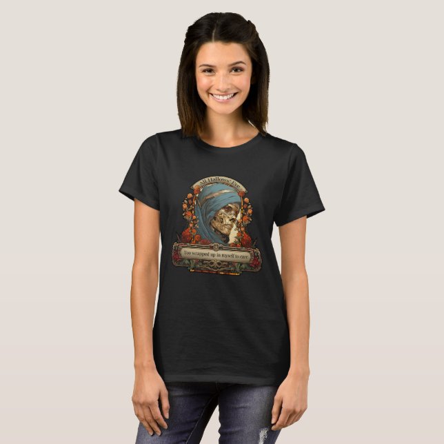 Camiseta Halloween Mummy Skeleton Engraçado Citação Persona (Frente Completa)